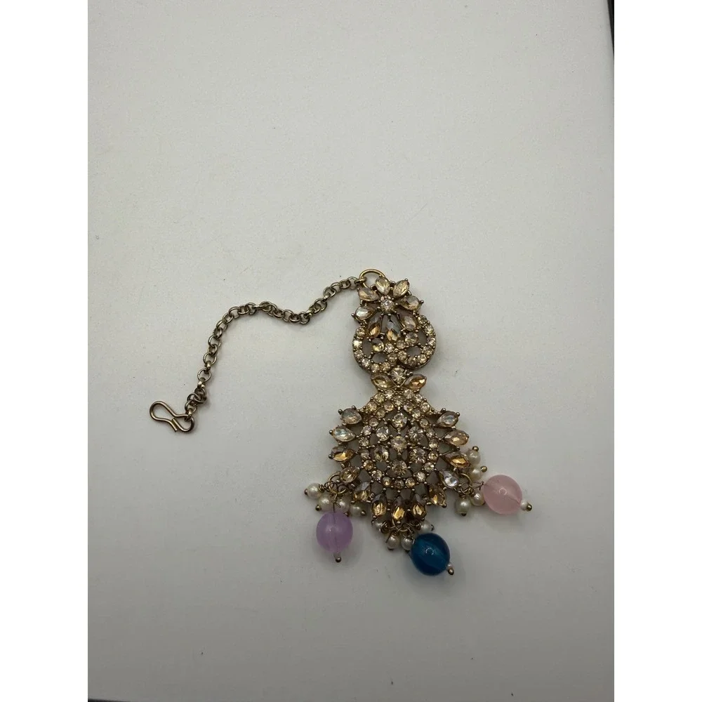 Gold Tone Crystal Maang Tikka‎ Indian Bridal Hair Jewelry Pastel Beads Boho